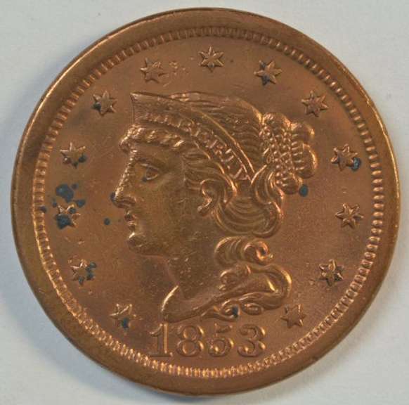 Mint condition 1853 Braided Hair Large Cent. Cleaned.