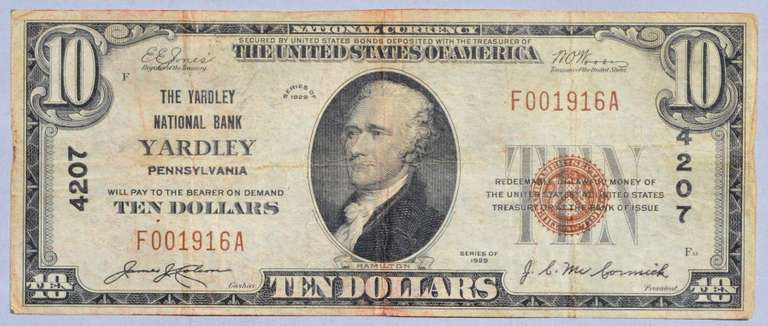 $10 Yardley Pa Series 1929 National Note