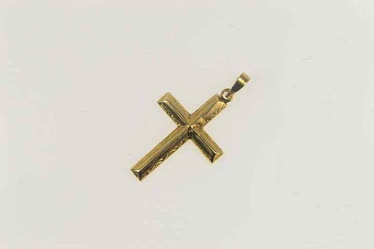 14K Yellow Gold Retro Ornate Etched Cross Christian Faith Pendant