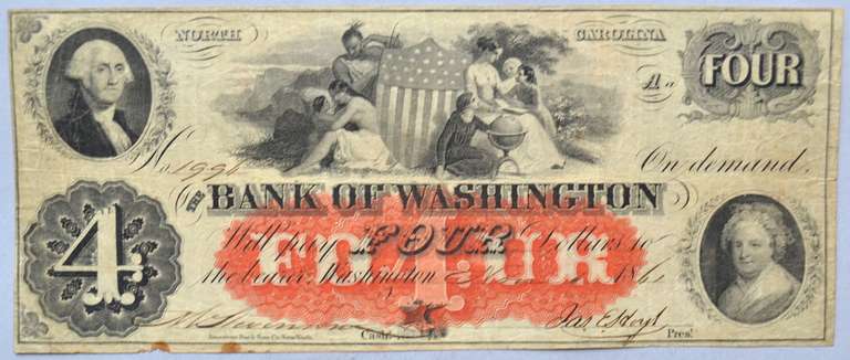 $4 Bank Of Washington N.C November 1861 Note