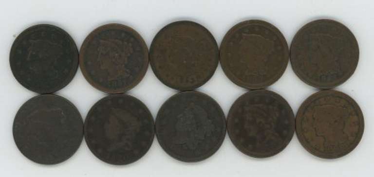 10 Assorted Old US Large Cents 1819 to 1855. Circs