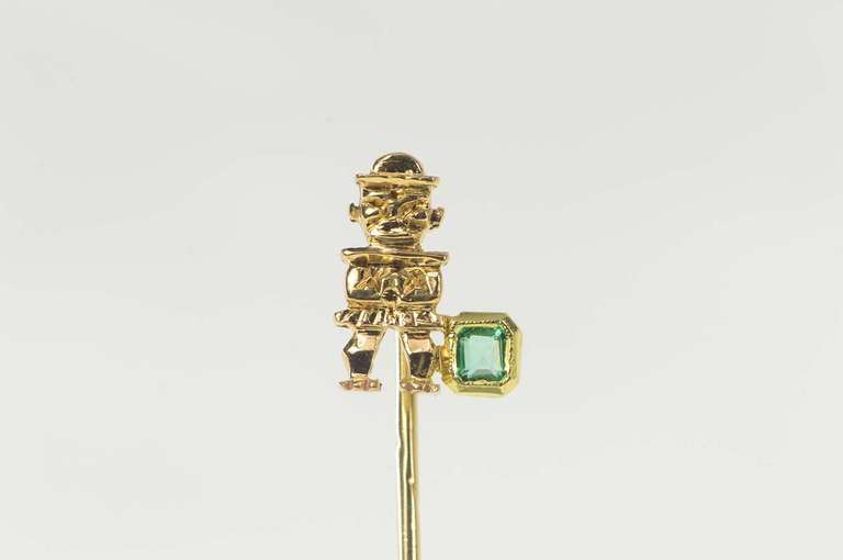 18K Yellow Gold Emerald Inca Peruvian Natural Emerald Stick Pin