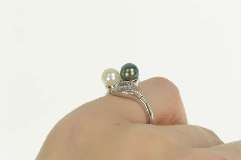 14K White Gold White & Tahitian Pearl Diamond Retro Bypass Ring