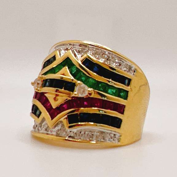 Stunning 14kt Gold, Ruby, Emerald, Sapphire, & Diamond Band Ring