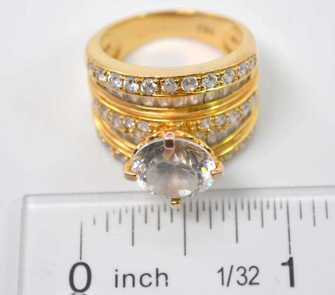 Large CZ Gold Plated Sterling Silver Ring