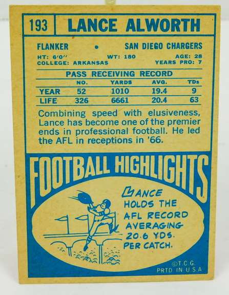 1967 Lance Alworth Topps Football Card
