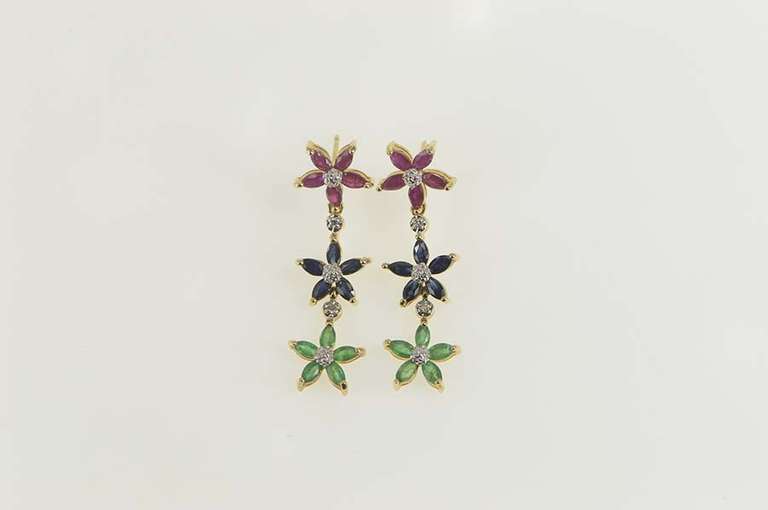 14K Yellow Gold Emerald Sapphire Diamond Flower Dangle Earrings