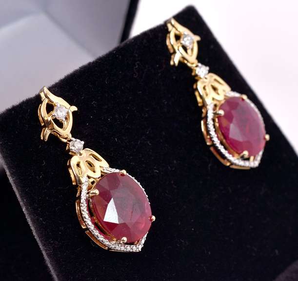 Ravishing 11.88CTW Ruby & .021CTW Diamond Earrings in Gold Plated Sterling Silver