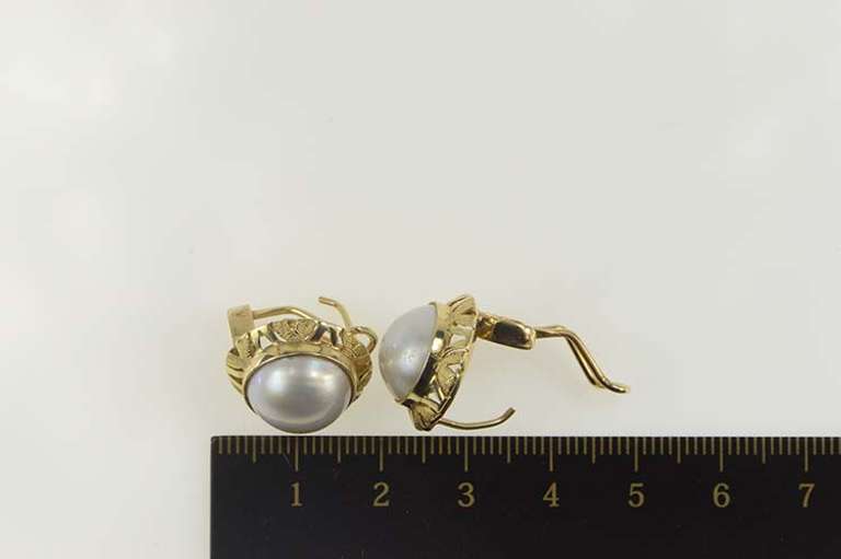 14K Yellow Gold Ornate 1960's Retro Pearl French Clip Earrings