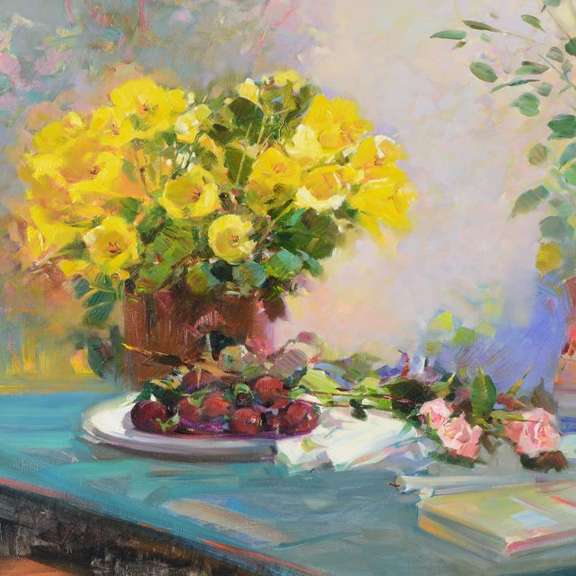 Ming Feng, "Buttercups and Plums" Original Oil Painting on Canvas, Hand Signed with Letter of Authenticity.