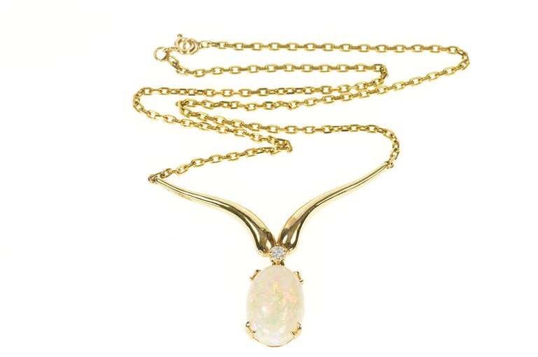14K Yellow Gold Natural Opal Diamond Chevron Statement Necklace