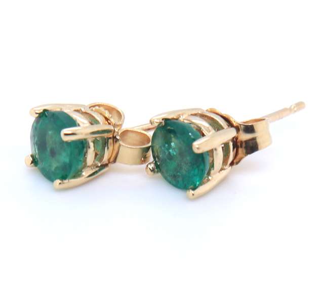 Gorgeous Yellow Gold Round Emerald Stud Earrings