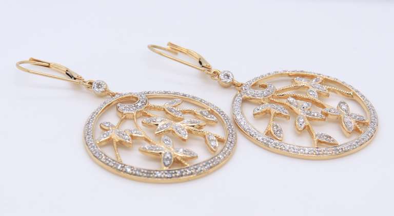 Stunning Yellow Gold Leverback Diamond Flower Earrings