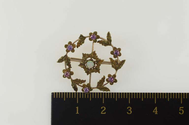 10K Yellow Gold Arts & Crafts Syn. Pink Topaz Opal Wreath Pin/Brooch