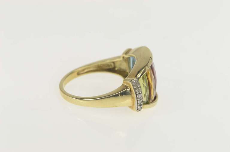 10K Yellow Gold Faceted Rainbow Diamond Statement Band Ring