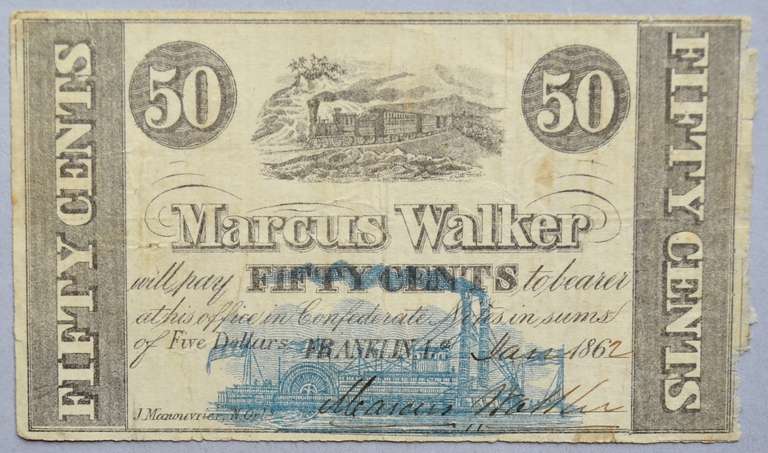 50 Cent Marcus Walker Franklin Louisiana Jan 1862 Note