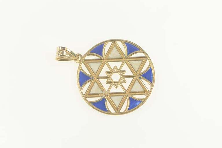 14K Yellow Gold White & Blue Enamel Star of David Jewish Pendant