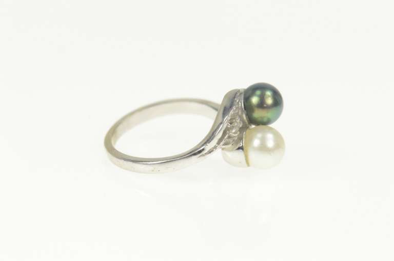 14K White Gold White & Tahitian Pearl Diamond Retro Bypass Ring