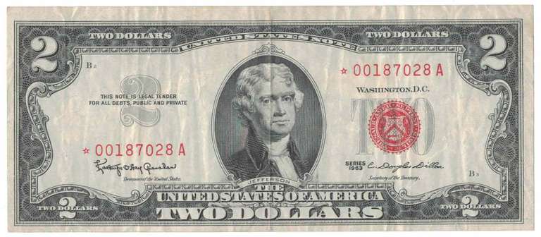 1963 Two Dollar $2 Red Seal US Bank Note