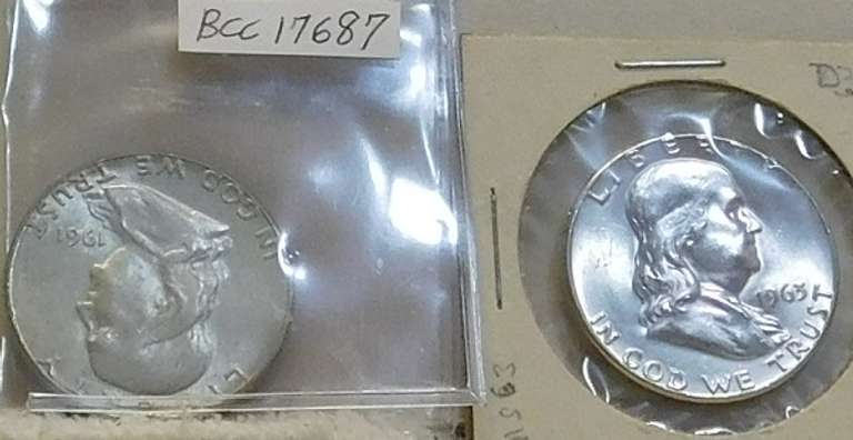 2 ea: Franklin Silver Halves, 1961 & 63