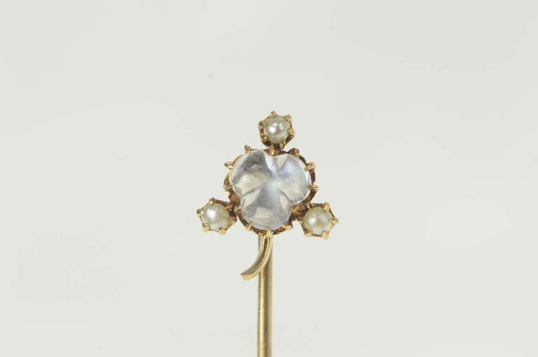 14K Yellow Gold Carved Moonstone Seed Pearl Flower Clover Stick Pin
