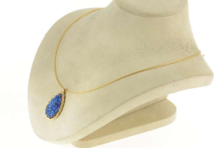 14K Yellow Gold Pear Blue Druzy Quartz Woven Tube Chain Necklace