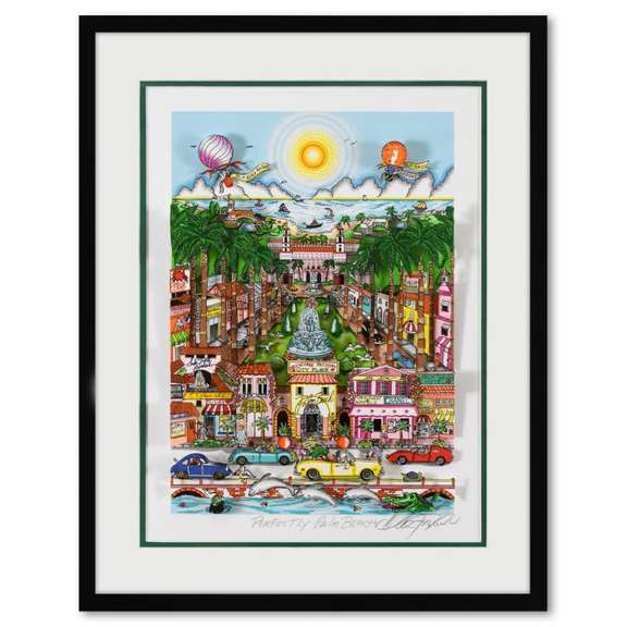 Charles Fazzino, "Perfectly Palm Beach (Green)" Framed 3D Limited Edition Silk Screen, DX Numbered and Hand Signed with Certificate of Authenticity.