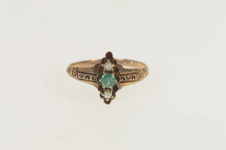 10K Yellow Gold Victorian Sim. Emerald Seed Pearl Engagement Ring