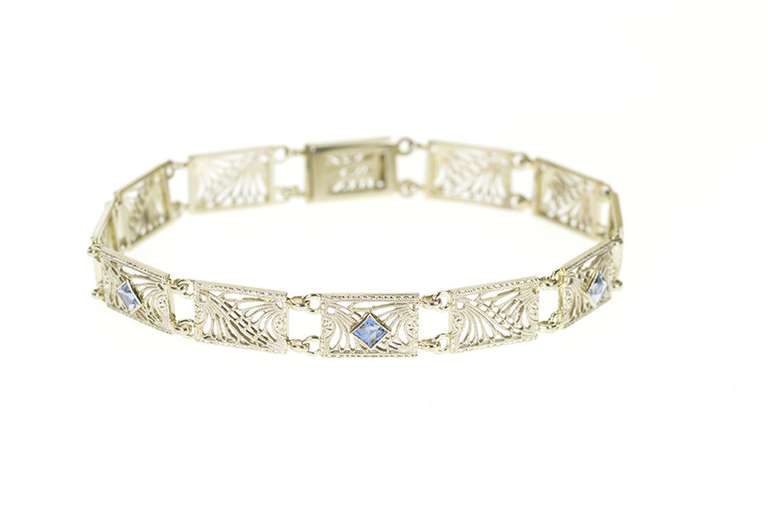 14K White Gold Art Deco Ornate Filigree Syn. Sapphire Bracelet