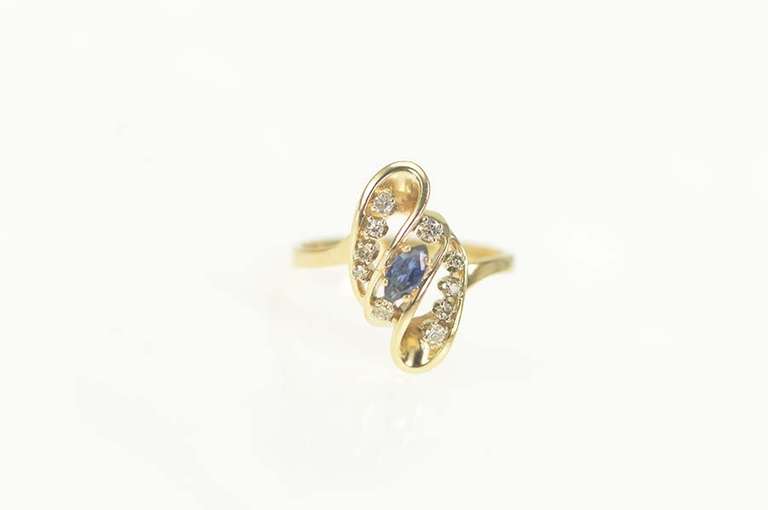 14K Yellow Gold Marquise Sapphire Diamond Wavy Bypass Ring