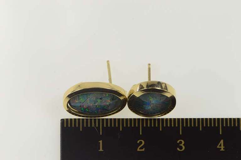 14K Yellow Gold Oval Retro Opal Mosaic Classic Stud Earrings