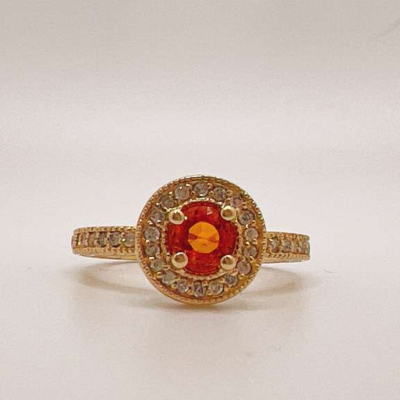 14kt Gold, Orange Garnet, & Diamond Halo Ring