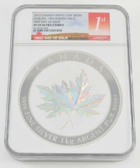 PF69 UCAM 2015 Canada 1 Kilo Silver $250 Maple Leaf Hologram FDOI NGC