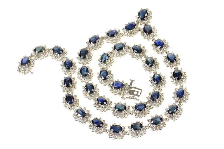 14K White Gold 36.12 Ctw Natural Sapphire Diamond Halo Necklace