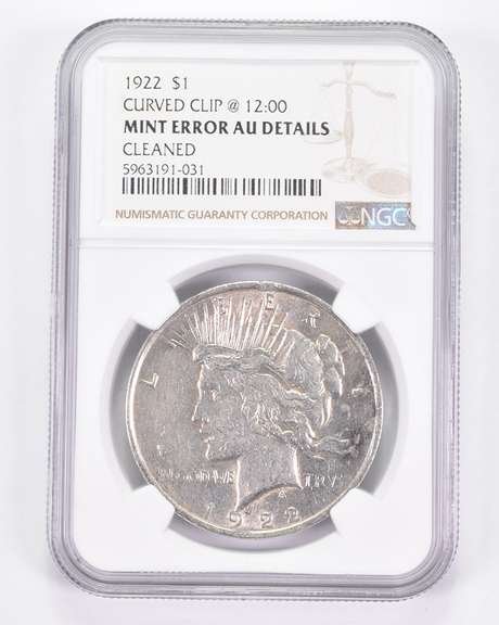 Mint Error AU Details 1922 Peace Silver Dollar Curved Clip @ 12:00 NGC