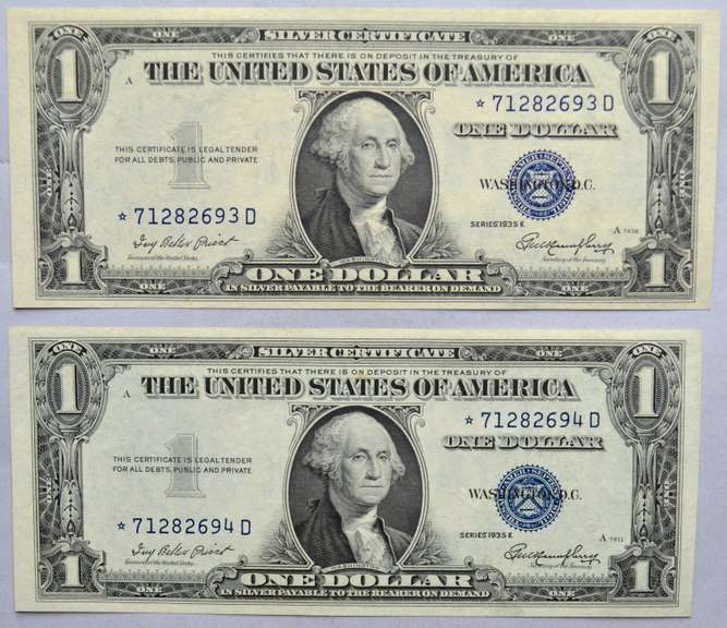 2 Consecutive Gem CU $1 1935 E Star Silver Certificates