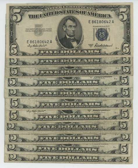 Nice lot of 11 Series of 1953 $5 Blue Seal Silver Certificates