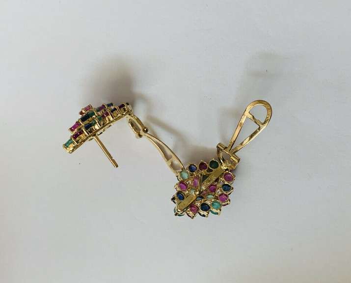 14kt Yellow Gold, Blue Sapphire, Ruby, & Emerald Earrings