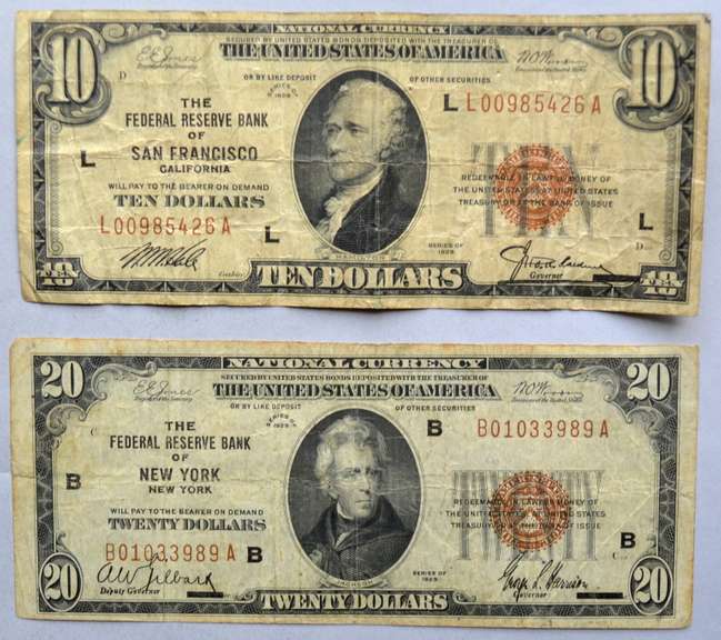 $10 & $20 1929 Series National Currency Notes
