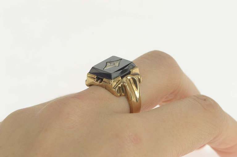 10K Yellow Gold 1930's Hematite Diamond Accent Ornate Ring