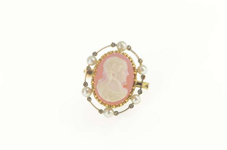 14K Yellow Gold Catherine De Medici Pearl Diamond Cameo Pin/Brooch