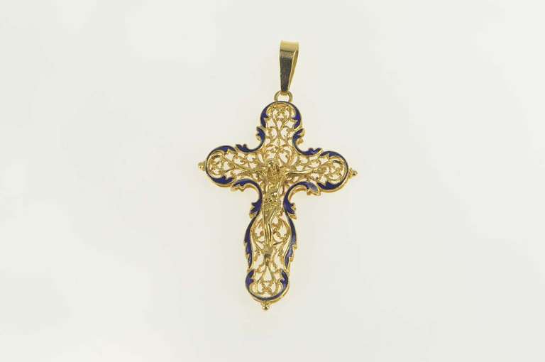 18K Yellow Gold Crucifix Scroll Enamel Cross Christian Pendant