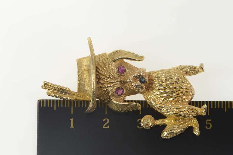14K Yellow Gold 1960's Dapper Hat Poodle Ruby Sapphire Pin/Brooch