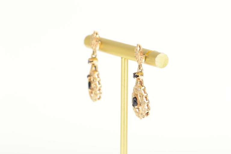 14K Yellow Gold Pearl Sapphire Diamond Halo Dangle Statement Earrings