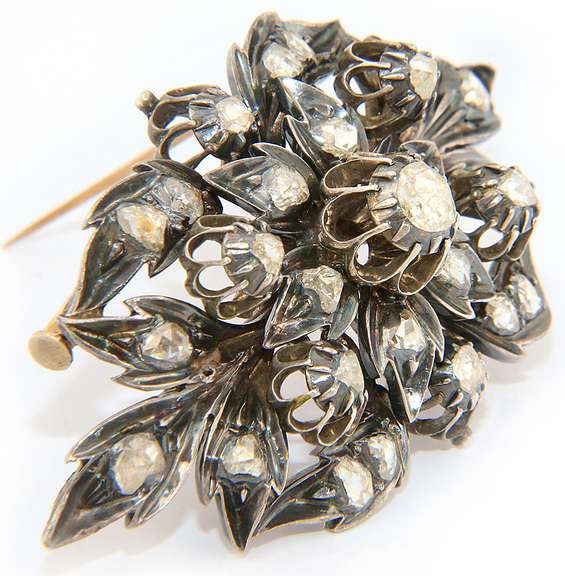 Antique Sterling Silver Rose Cut Diamond Brooch