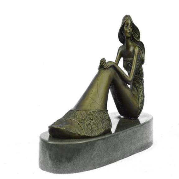 Nude Sexy Mermaid Bronze Marble Base Figurine Mythical Art Decor