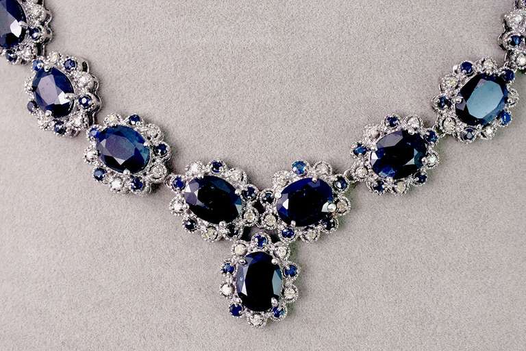 Delightful 120.51CTW Blue Sapphire Necklace & Bracelet with 2.83CTW Diamond Accents in Platinum Plated Sterling Silver