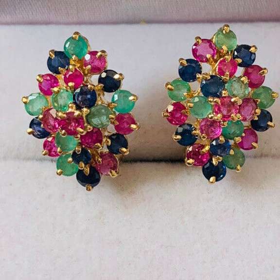 14kt Yellow Gold, Blue Sapphire, Ruby, & Emerald Earrings
