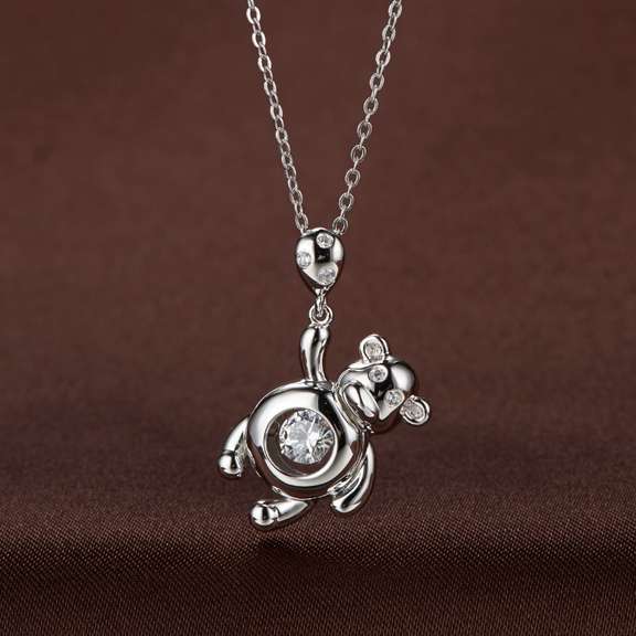 Cute Hanging Teddy Bear Dancing Stone Silver Pendant