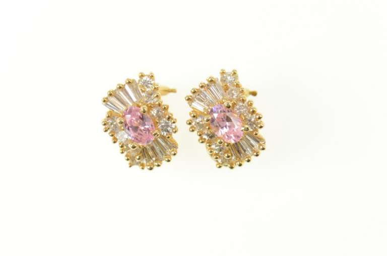 14K Yellow Gold Pink & White CZ Ballerina Clip Back Earrings